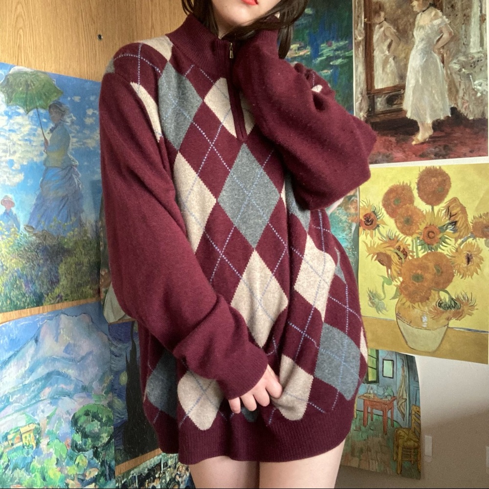 Oversized argyle quarter zip turtleneck crimson cream and grey, blue line